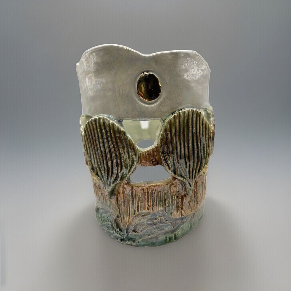 John Nartker Studio Art Pottery Candle Holder Iridescent Cut Out Seashell Signed